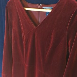 Lands' End Dress Velvet Velour V-neck Long Sleeve Dress - Deep Burgundy